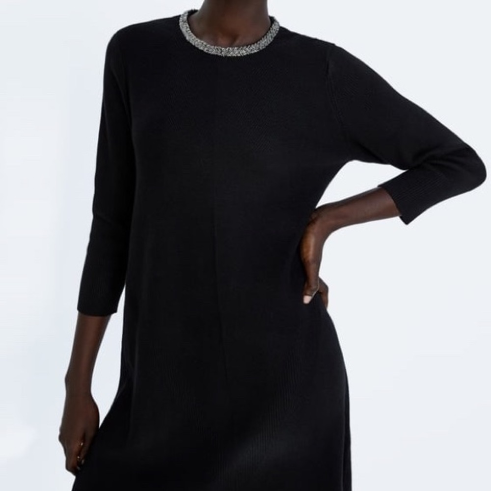 ZARA KNIT BEAUTIFUL SILVER BEADED COLLAR BLACK DRESS NEW WITH TAGS MEDIUM